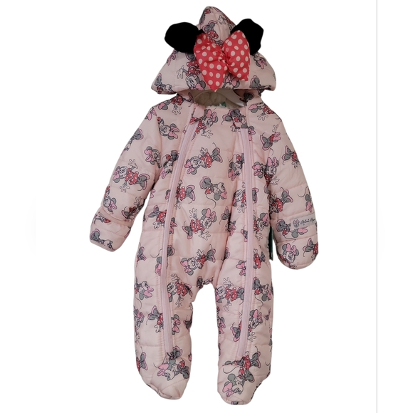 Disney Baby Pink Snowsuit with Minnie Mouse Bow and Ears Size 0-3 Months NWT - Picture 1 of 11